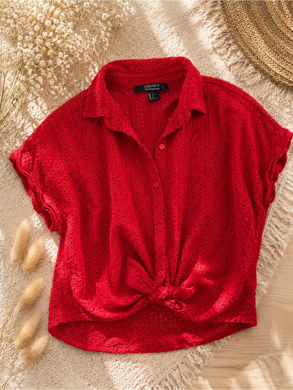 Forever 21 Bright Red Eyelet Button-Front Tie-Hem Shirt